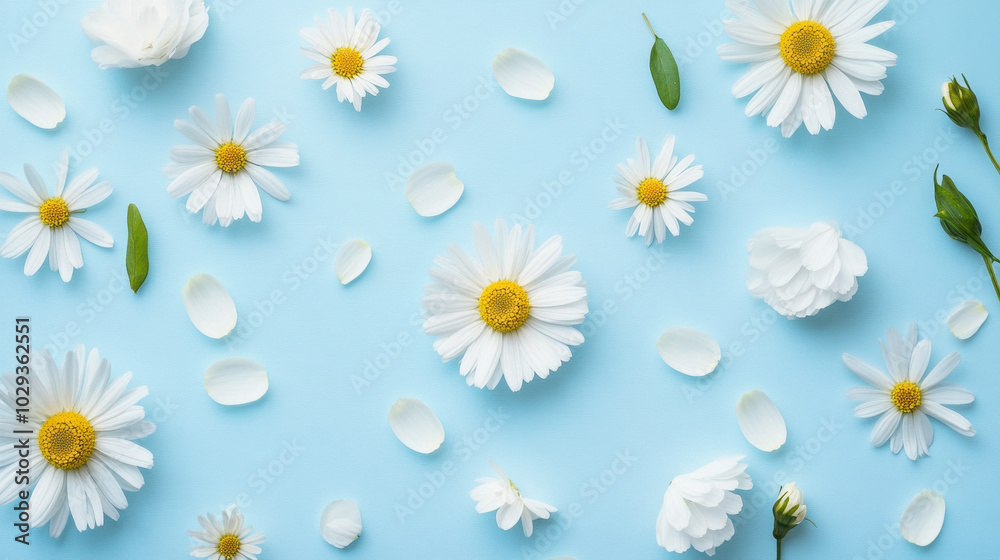 Obraz premium Delicate white daisies scattered gracefully on a vibrant blue background in springtime splendor