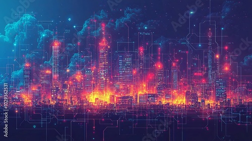 Futuristic smart city skyline with glowing digital connections