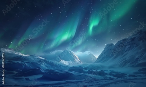 Spectacular aurora borealis dancing over a snowy landscape, 4K hyperrealistic photo