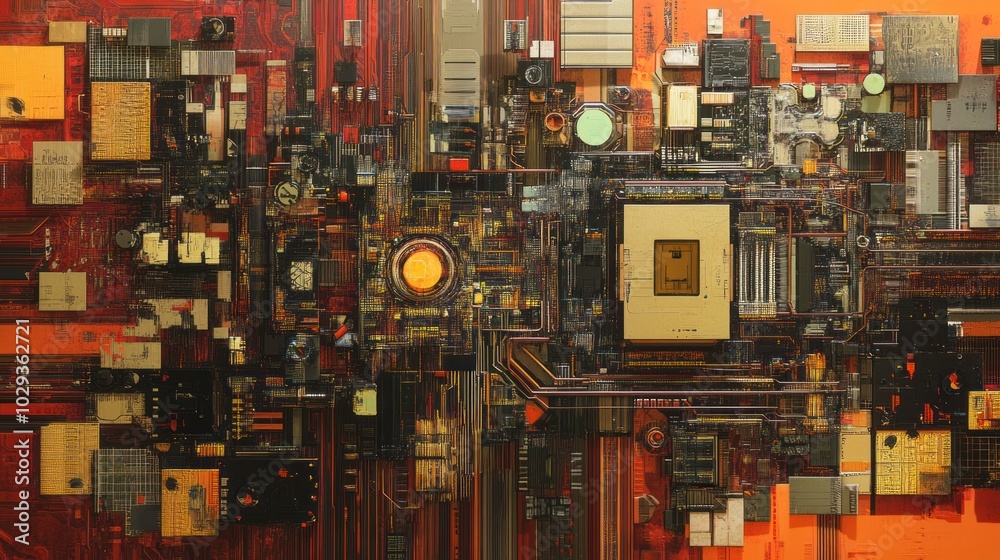 Industrial Red and Gold Circuit Grid with Intricate Electronic Components and Futuristic Design Industrial Red and Gold Circuit Grid with Intricate Electronic Components and Futuristic Design