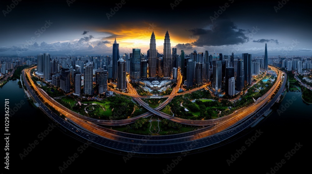 Obraz premium Kuala Lumpur Skyline at Dawn: A panoramic view of Kuala Lumpur's iconic skyscrapers bathed in the warm glow of sunrise. The city's bustling energy is captured in the vibrant streets below.