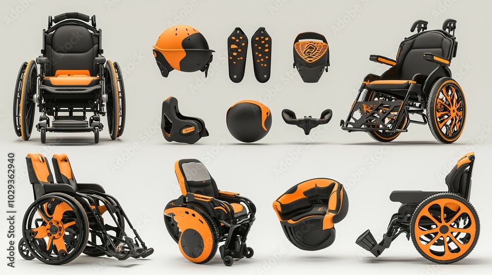 A modern, multi-functional wheelchair displayed in various angles, featuring a striking black and orange design and several detachable components. A modern, multi-functional wheelchair displayed in various angles, featuring a striking black and orange design and several detachable components.