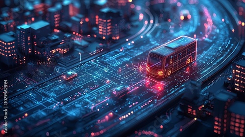 Futuristic cityscape with an autonomous bus on a digital road photo