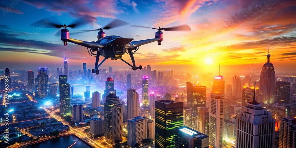 Futuristic Drone Flying Over High-Tech Cityscape in Double Exposure Photography