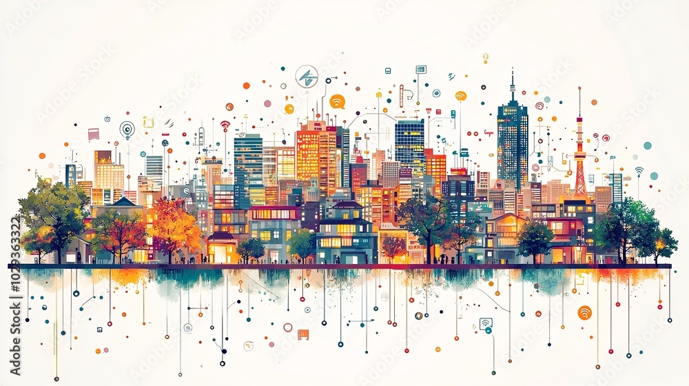 Modern cityscape diorama with wireless sensor network connectivity Modern cityscape diorama with wireless sensor network connectivity