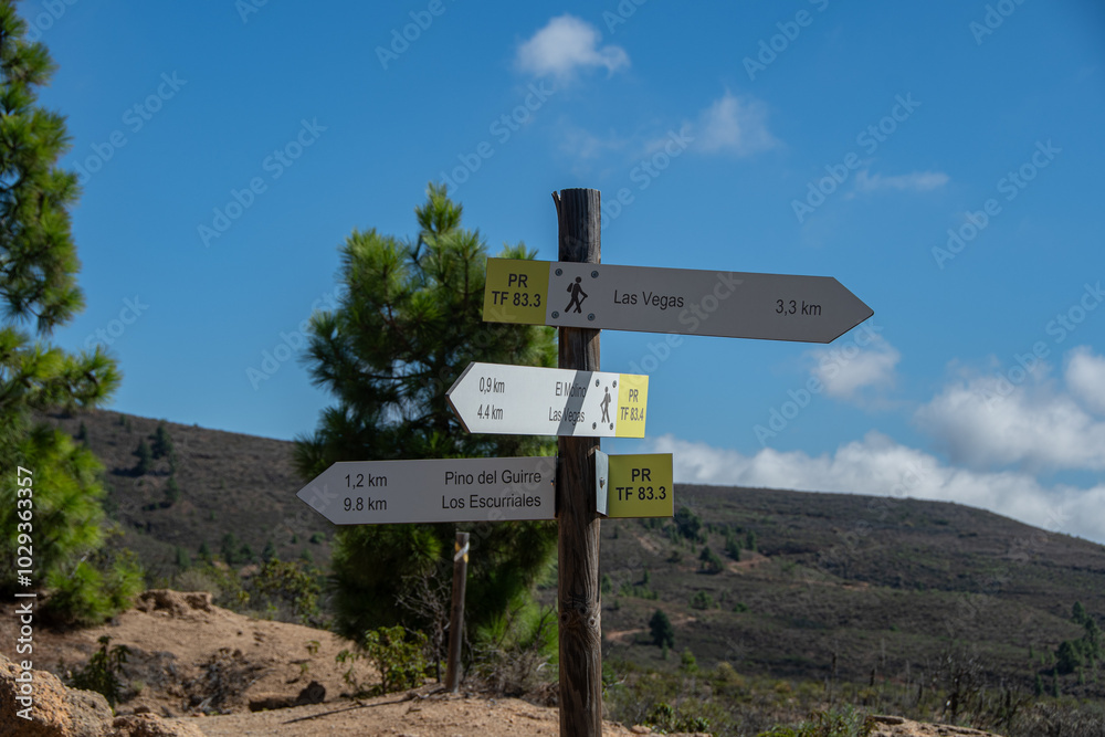 Hiking trail signs with location information on the Canary Island of Tenerife