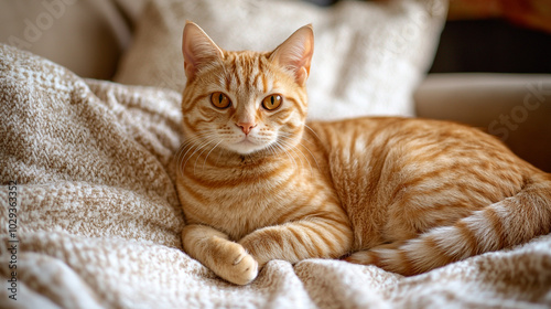 Adorable Ginger Cat Relaxing on Soft Blanket