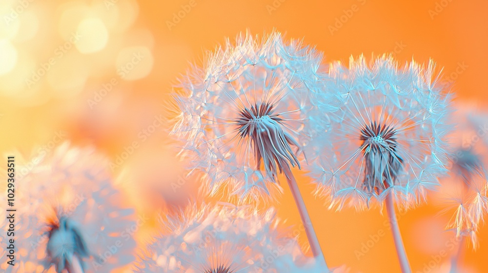 Obraz premium A close-up of a group of dandelions on a yellow and blue backdrop with a blurry backdrop