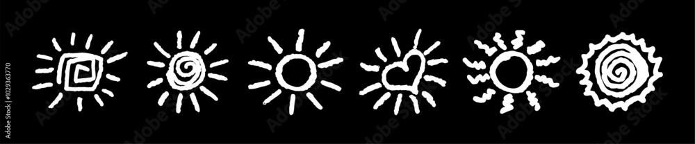 Fototapeta premium Set of fun like kid drawing white sun. Collection painted with pastel crayons or wax pencil sunny icons. Summer sky symbols. Rough chalk texture vector illustration in children style. Design elements