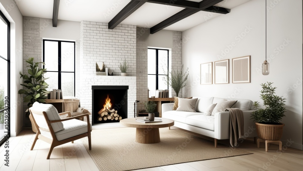 Fototapeta premium Cozy modern living room, minimalist Scandinavian design, white brick walls, large windows, natural light, fireplace with stacked firewood, comfortable white sofa, wooden armchair, round wooden coffee 