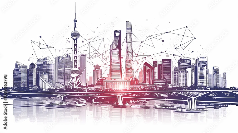 Obraz premium Shanghai smart city skyline showcasing wireless network and technology