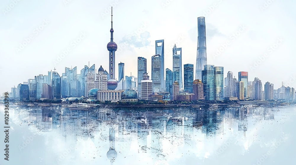 Obraz premium Modern Shanghai skyline reflection showcasing urban architecture and innovation