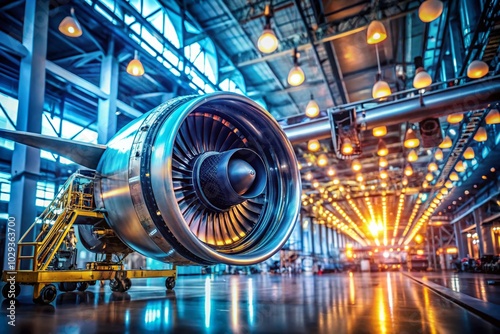 Futuristic Industrial Scene with Glowing Lights and Jet Engine on Assembly Line in Bokeh Effect