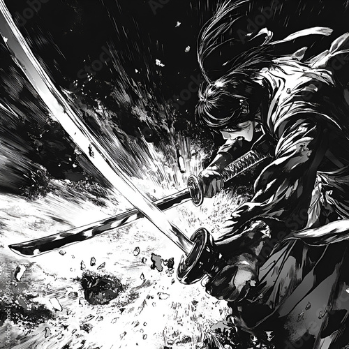 Dynamic Samurai Warrior in Fierce Battle Scene Illustration - Striking black and white illustration of a samurai in an intense battle scene, showcasing dynamic movement and powerful energy