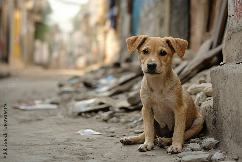 A small brown puppy sits alone in an alley. A small brown puppy sits alone in an alley.