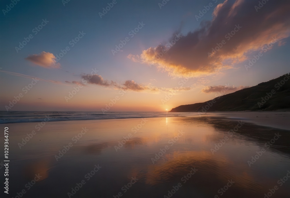 The sun sets over the ocean, its rays reflecting in calm water The sun sets over the ocean, its rays reflecting in calm water