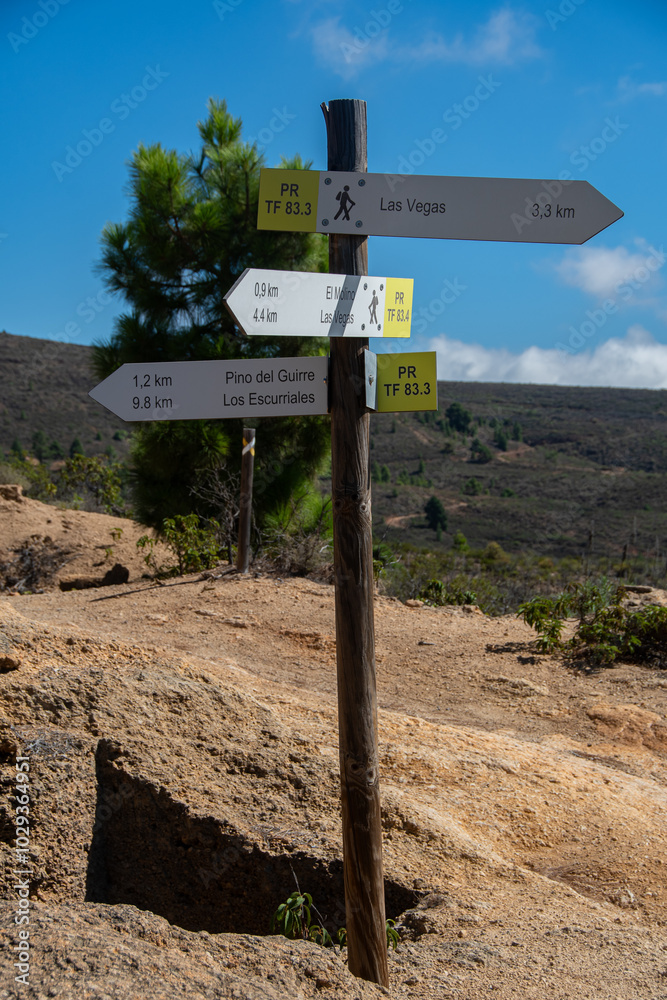 Hiking trail signs with location information on the Canary Island of Tenerife