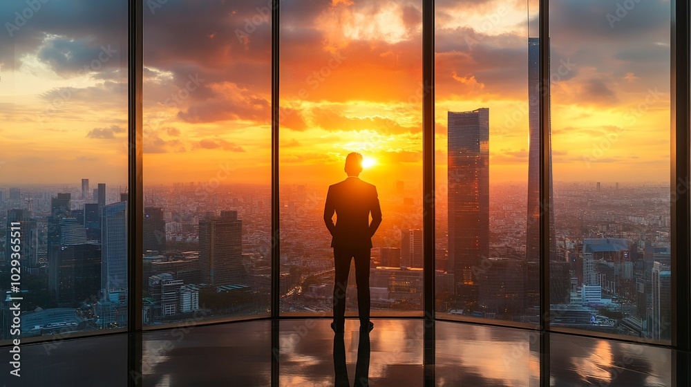 A businessperson standing by a large window, overlooking the city skyline during sunset. A businessperson standing by a large window, overlooking the city skyline during sunset.