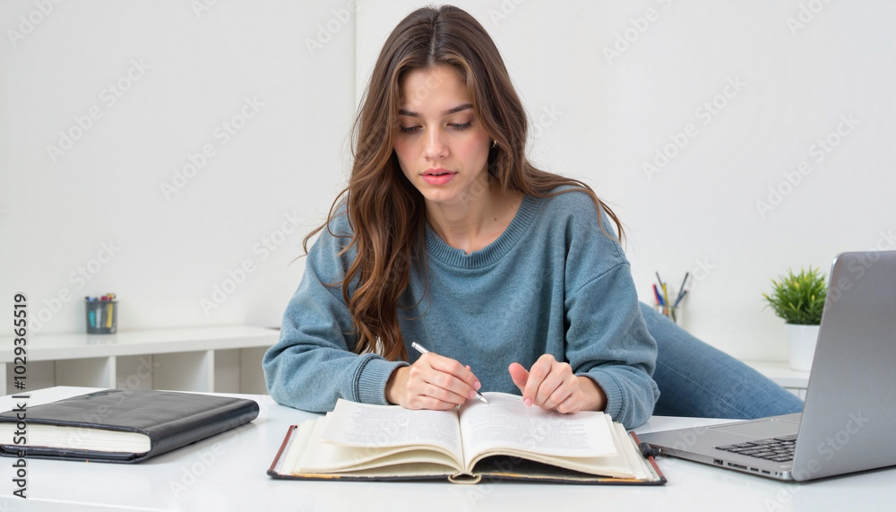 Study Scene: Focused Female Student Reading Book at Desk with Laptop Study Scene: Focused Female Student Reading Book at Desk with Laptop