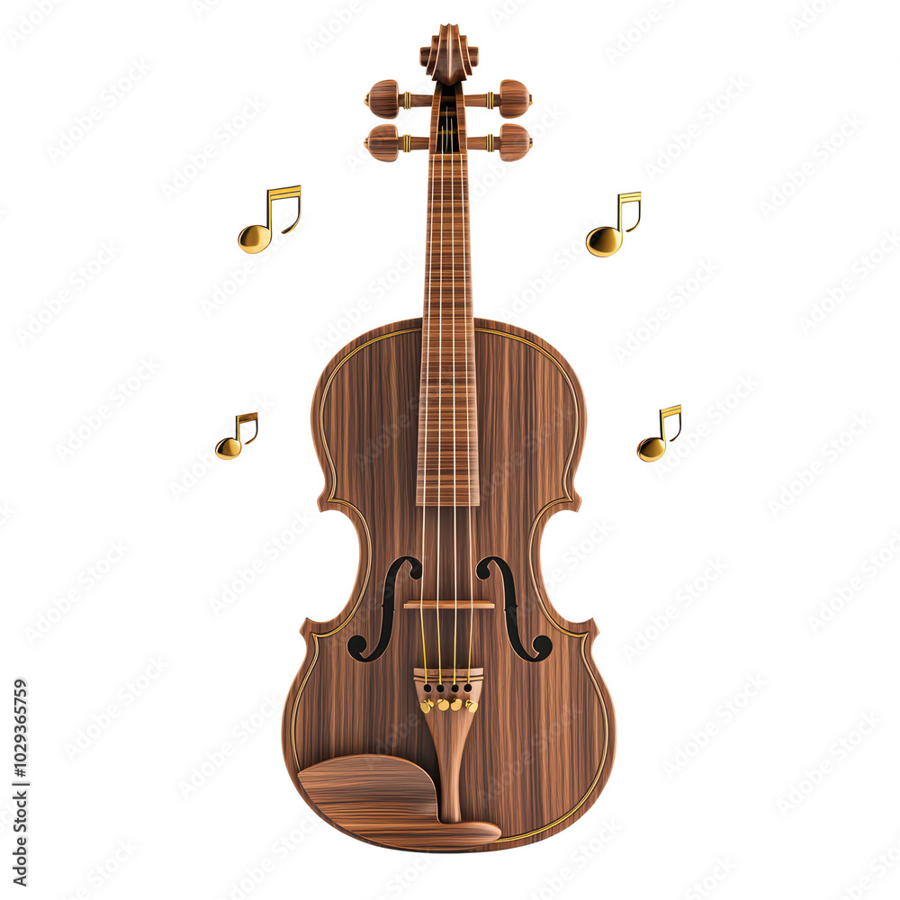 Fototapeta premium A wooden violin with musical notes surrounding it, isolated on a white background. isolated on transparent background.
