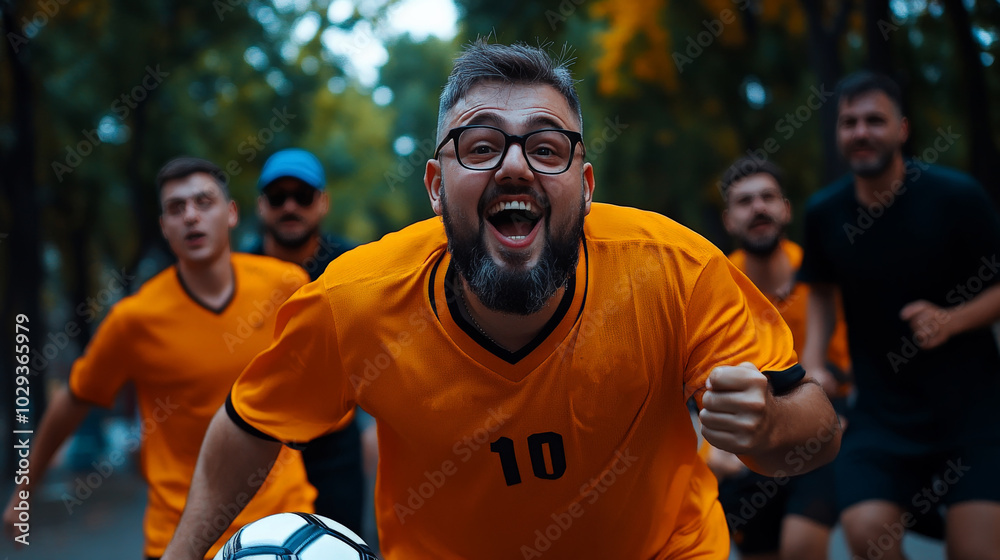 Victory Run: A jubilant soccer team sprints towards the camera, their excitement palpable. The central figure, a bearded man in an orange jersey, embodies the team's triumphant spirit. Victory Run: A jubilant soccer team sprints towards the camera, their excitement palpable. The central figure, a bearded man in an orange jersey, embodies the team's triumphant spirit.
