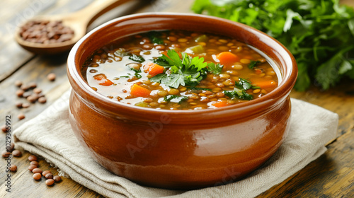 Lentil Soup with Carrots and Parsley in Rustic Bowl