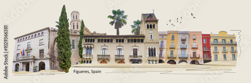 Art collage and design about historical facade of building at Figueres city in Catalonia at Spain