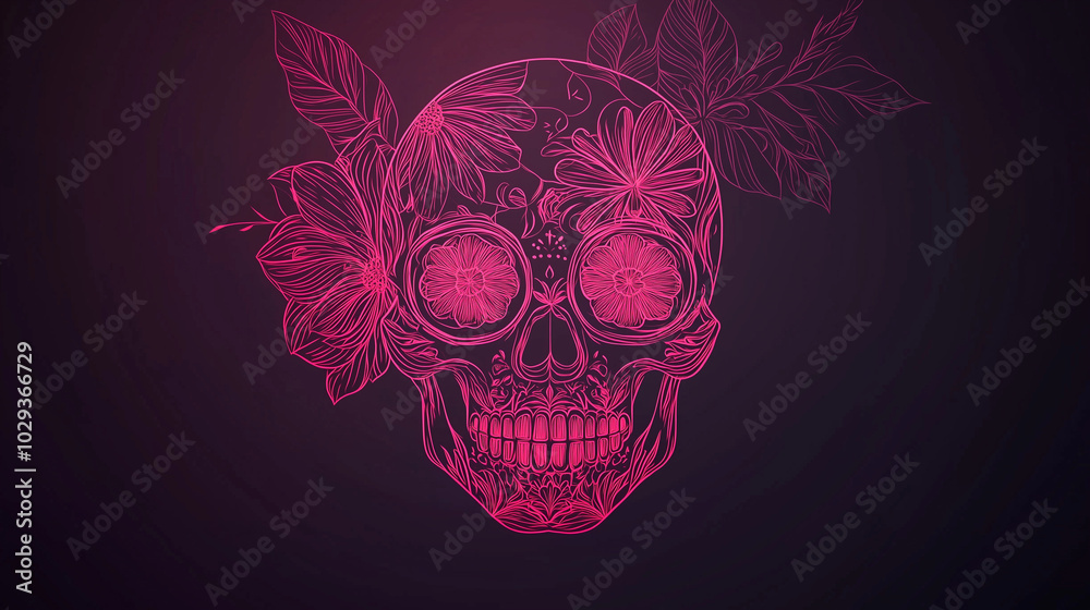 A minimalist skull outline with bright floral eyes, Background, Day of the Dead A minimalist skull outline with bright floral eyes, Background, Day of the Dead