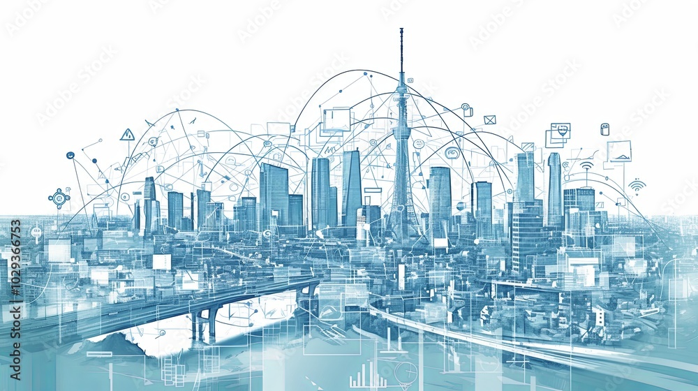 Obraz premium Futuristic smart city with digital communication network overlay