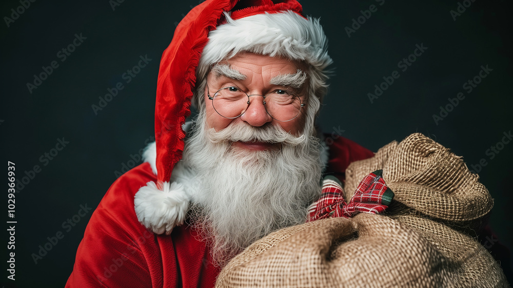 Naklejka premium Santa Claus with a bag of gifts. Winter postcard. Xmas. Happy New Year. Merry Christmas. Santa Claus walking with a full sack of Christmas gifts