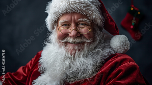 joyful cheerful good Santa Claus portrait.  Winter postcard. Xmas. Happy New Year. Merry Christmas. 