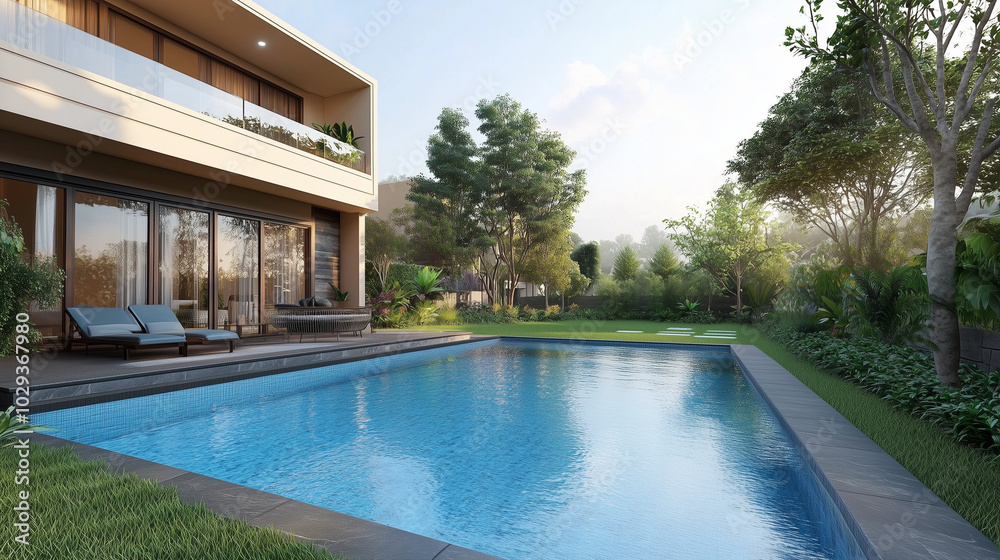 Fototapeta premium Elegancki basen umieszczony na zielonym, zadbanym trawniku przydomowym. Jego błękitna woda kontrastuje z soczystą zielenią otoczenia, tworząc piękną kompozycję.