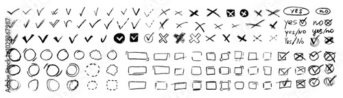 Set of voting elements. Yes or no signs and square, rectangular or round fields box for hand-drawn choices. Vector illustration of quiz elements OK, correct or incorrect for answering test questions.