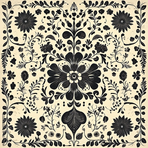 Symmetrical floral pattern showcasing intricate madhubani folk art design style image