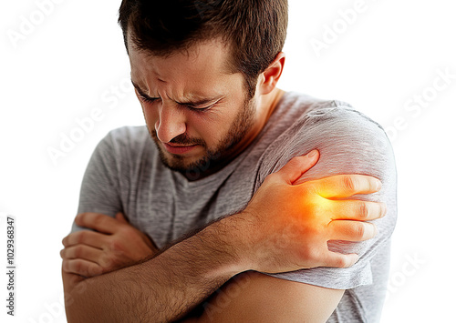 Close-up of man holding his shouder in pain, isolated on transparent cutout background photo