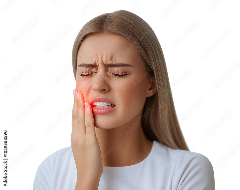 Fototapeta premium Young woman with toothache, isolated on transparent cutout background