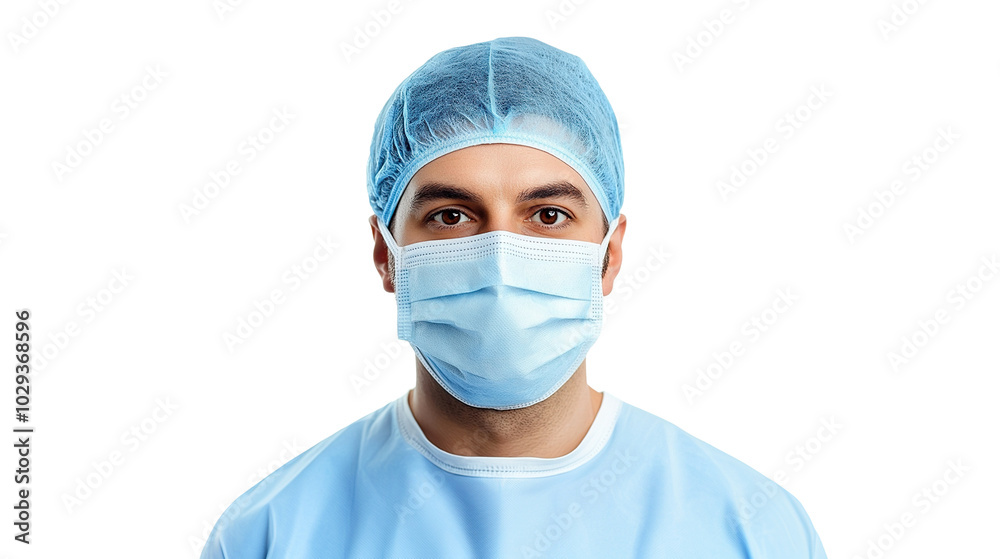 Confident male surgeon in medical mask and scrubs, isolated on transparent cutout background Confident male surgeon in medical mask and scrubs, isolated on transparent cutout background