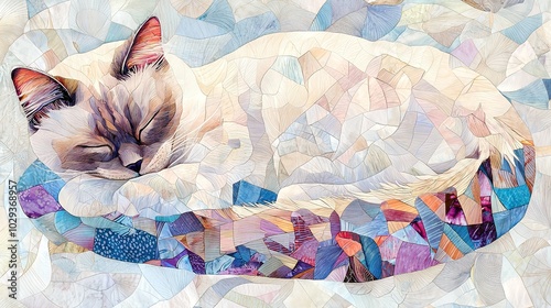   A feline dozes atop a azure-white quilt, its gaze shut and its noggin propped on a cushion photo