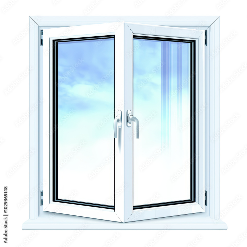 Stylish white window frame with open panels against a bright sky backdrop. isolated on transparent background. Stylish white window frame with open panels against a bright sky backdrop. isolated on transparent background.
