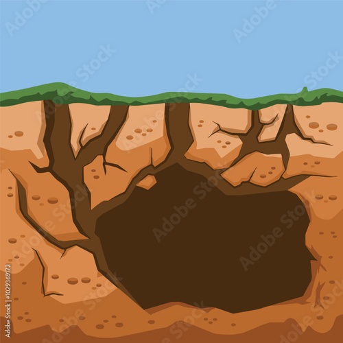 Animal hole and burrow, illustrating hiding spots for insects and rodents like mice. Flat design showing tunnels in the ground, ideal for educational materials and nature-themed projects.