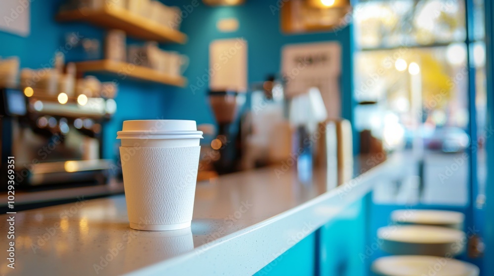 White paper coffee cup on counter of cafe, the walls are blue. White paper coffee cup on counter of cafe, the walls are blue.