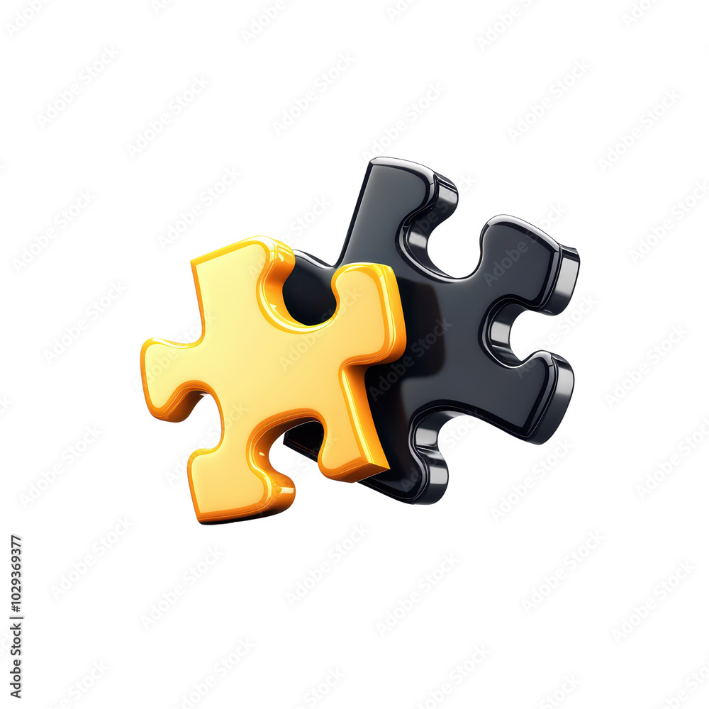 Two interlocking puzzle pieces, one black and one gold, on a transparent background. isolated on transparent background.