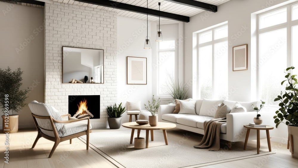 Fototapeta premium Cozy modern living room, minimalist Scandinavian design, white brick walls, large windows, natural light, fireplace with stacked firewood, comfortable white sofa, wooden armchair, round wooden coffee 