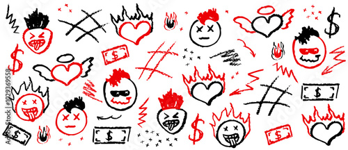 Black and red wax crayon drawing grafitti elements. Set of vector charcoal outline symbols cute fire heart, mohawk hairs, mouth stick out tongue on the wall. Kids drawing by marker retro rock elements
