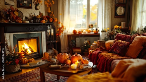 A cozy living room with a fireplace, decorated for autumn with pumpkins and warm colors.