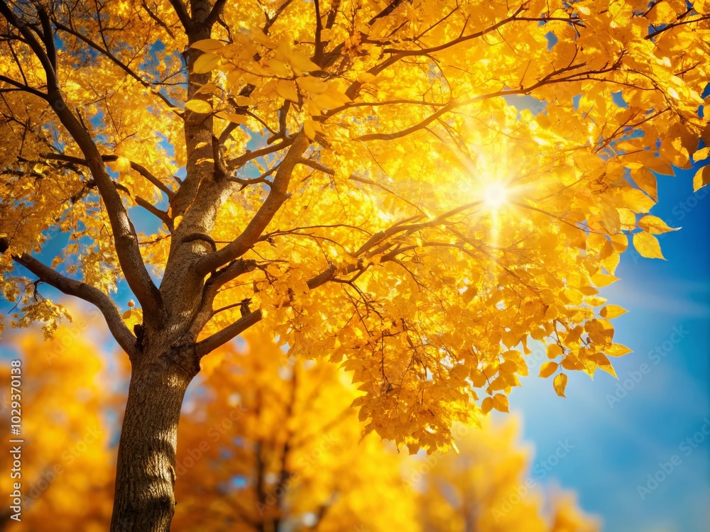 Golden Autumn Leaves with Bokeh Effect Against a Blue Sky for Stunning Nature Photography Golden Autumn Leaves with Bokeh Effect Against a Blue Sky for Stunning Nature Photography