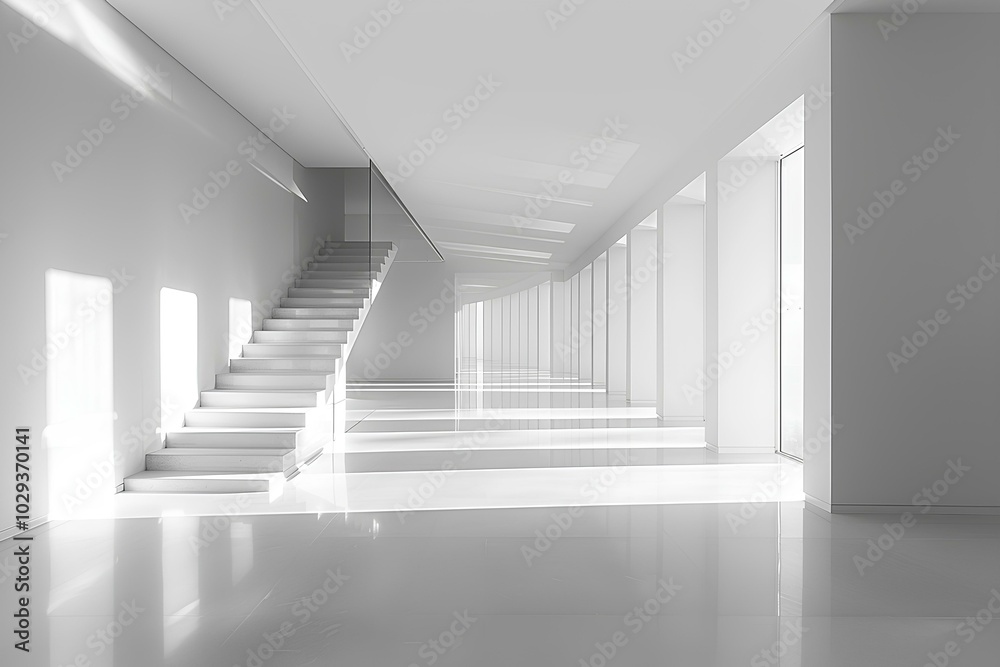 A black and white photo of a staircase in a building A black and white photo of a staircase in a building