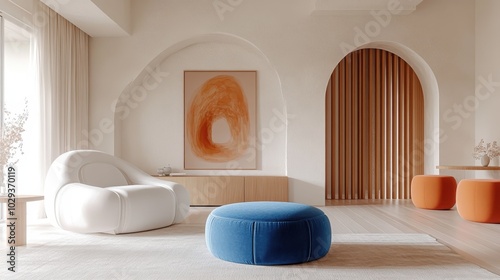 Modern interior design, minimalist living room, curved white armchair, round blue ottoman, cylindrical orange side tables, abstract peach artwork, arched doorway, textured white walls, wooden slat par