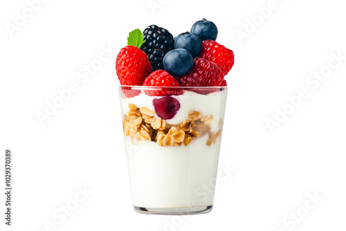 Yogurt parfait with granola, raspberries, blackberries, and mint leaves in glass cup isolated on white background. Concept of healthy breakfast or snack