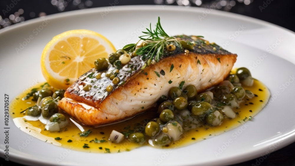 Sea bass with lemon and caper sauce, cooked in a deep fryer. Sea bass with lemon and caper sauce, cooked in a deep fryer.